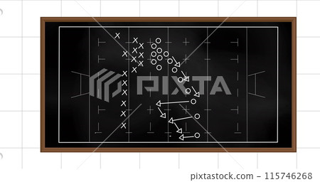 Image of football game strategy drawn on black chalkboard against squared lined paper background Image of football game strategy drawn on black chalkboard against squared lined paper background 115746268