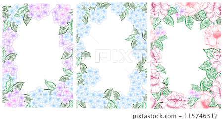 Spring floral cover set banner with blue and pink hydrangea flower. Line art little flower with leaves for card or invite. Spring floral cover set banner with blue and pink hydrangea flower. Line art little flower with leaves for card or invite. 115746312