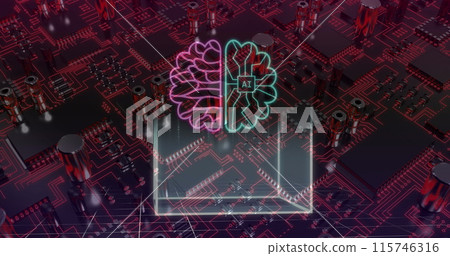 Image of ai data processing and icons over computer circuit board background Image of ai data processing and icons over computer circuit board background 115746316