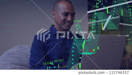 Image of multiple graphs with changing numbers over biracial man working on laptop 115746357