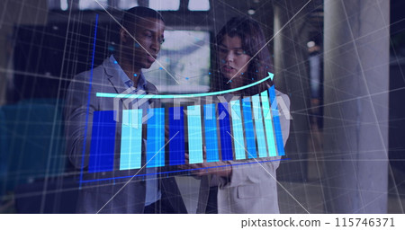 Image of financial data processing over diverse business people in office Image of financial data processing over diverse business people in office 115746371