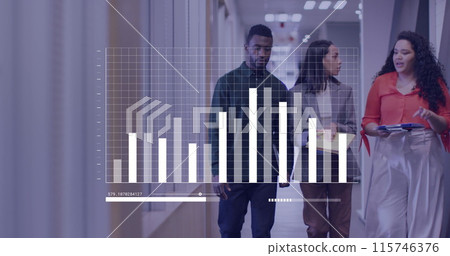 Image of graph and loading bars, diverse coworkers discussing reports while walking in corridor Image of graph and loading bars, diverse coworkers discussing reports while walking in corridor 115746376