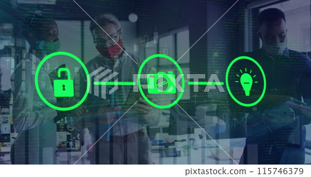 Image of flowchart of icons, graphs, diverse coworkers discussing reports in office Image of flowchart of icons, graphs, diverse coworkers discussing reports in office 115746379