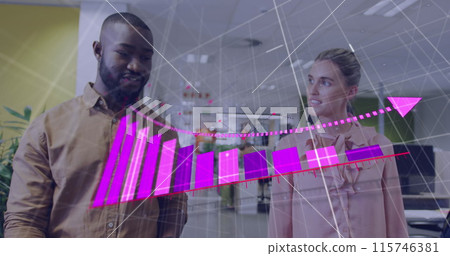 Image of arrow on bar graphs over diverse coworkers discussing while walking in office Image of arrow on bar graphs over diverse coworkers discussing while walking in office 115746381