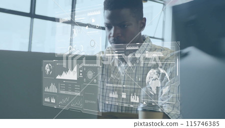 Image of data processing o interface screens over african american man using laptop in office Image of data processing o interface screens over african american man using laptop in office 115746385
