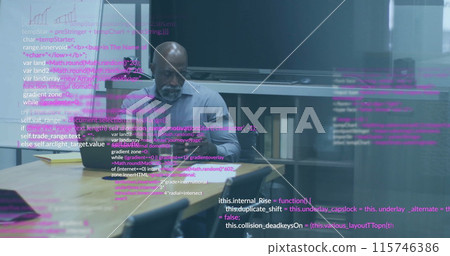 Image of data processing over senior african american man using smartphone and laptop in office Image of data processing over senior african american man using smartphone and laptop in office 115746386