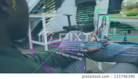 Image of data processing over diverse colleagues having smartphone image call 115746390