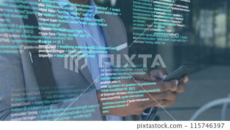 Image of data processing over african american businessman using smartphone in street Image of data processing over african american businessman using smartphone in street 115746397