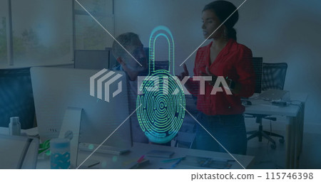Image of padlock over diverse business people using computer and talking in office Image of padlock over diverse business people using computer and talking in office 115746398