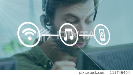 Image of media icons over caucasian businessman using phone headset in office Image of media icons over caucasian businessman using phone headset in office 115746404
