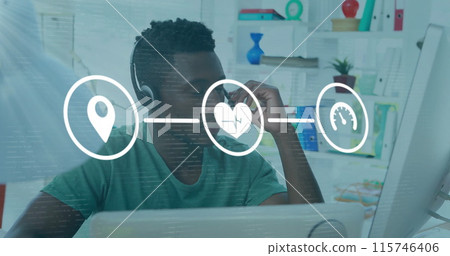 Image of media icons over african american businessman using phone headset in office 115746406