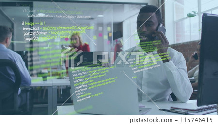 Image of data processing over african american businessman using smartphone 115746415