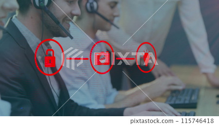 Image of media icons over diverse business people using phone headsets in office 115746418