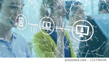 Image of media icons and shapes over diverse business people using phone headsets in office 115746436