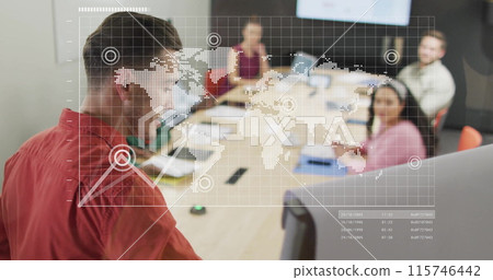 Image of financial data processing over diverse business people in office 115746442