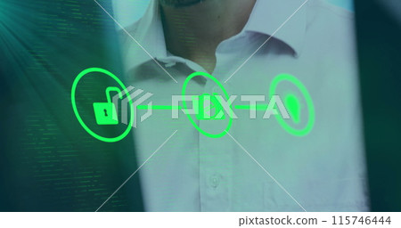 Image of media icons over caucasian businessman using phone headset in office Image of media icons over caucasian businessman using phone headset in office 115746444