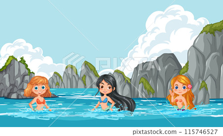 Three Girls Swimming in Ocean Three Girls Swimming in Ocean 115746527