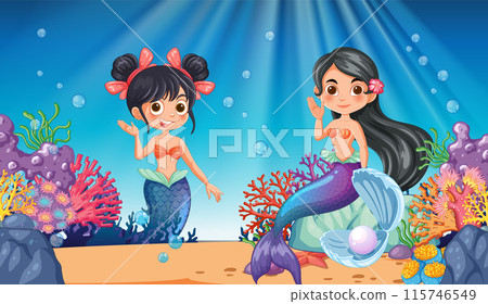 Underwater Mermaid Friends Waving 115746549