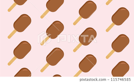 Ice cream seamless pattern. Delicious sweet street food. Cone waffle with filling, ice cream scoops in a cup, ice cream in a cone. Template for background, banner, card, poster. Vector. 115746585