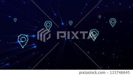 Image of location icons with connections and data processing over dark background 115746645