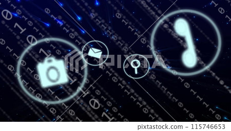 Image of icons with connections and binary coding over dark background 115746653