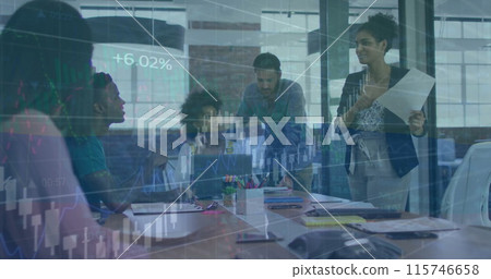 Image of financial data processing over diverse business people in office Image of financial data processing over diverse business people in office 115746658