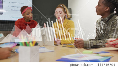 Image of financial data processing over diverse business people in office Image of financial data processing over diverse business people in office 115746704