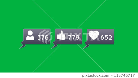 Image of Follow, like and heart button increasing in numbers with green background 4k 115746717