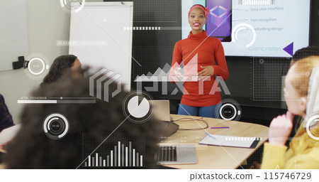 Image of financial data processing over diverse business people in office 115746729