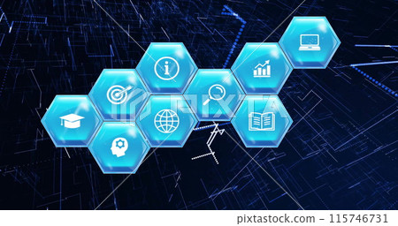Image of digital icons and data processing over dark background 115746731