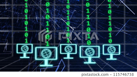 Image of digital icons and binary coding data processing over dark background 115746738