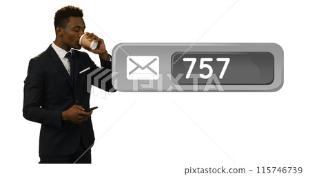 Digital image of a message icon with increasing numbers beside a black businessman holding a cup of Digital image of a message icon with increasing numbers beside a black businessman holding a cup of 115746739