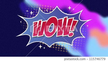 Image of wow text in red letters in retro speech bubble over multi coloured background 115746779