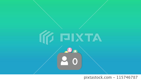 Digital image of multiple floating coloured human icons above an increasing number of followers on a 115746787