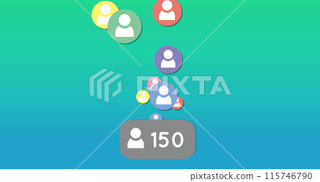 Digital image of multiple floating coloured human icons above an increasing number of followers on a 115746790