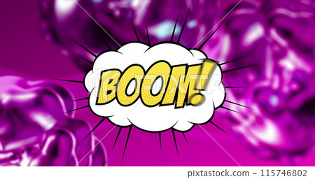 Image of boom text in yellow letters in retro speech bubble over glowing purple background 115746802