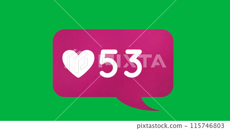 Digital image of a heart icon and numbers increasing inside a pink chat box on a green background 4k 115746803