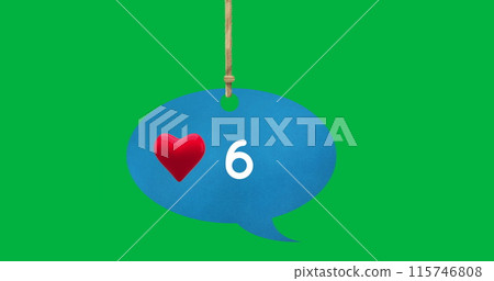 Digital image of a heart icon and numbers increasing inside a tied up blue speech balloon on a green 115746808