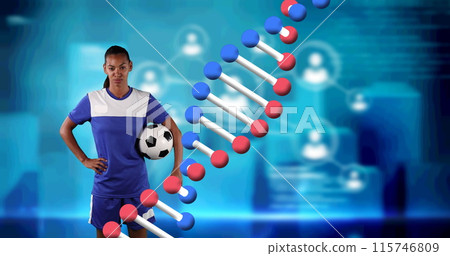 Image of dna strand over female football player holding ball Image of dna strand over female football player holding ball 115746809