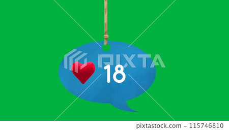 Digital image of a heart icon and numbers increasing inside a tied up blue speech balloon on a green Digital image of a heart icon and numbers increasing inside a tied up blue speech balloon on a green 115746810