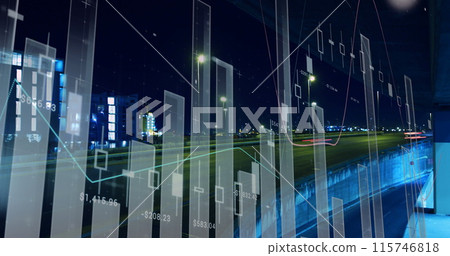 Image of statistics and data processing over cityscape 115746818