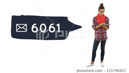 Front view of a Caucasian woman with glasses standing while checking her tablet beside an increasing 115746831