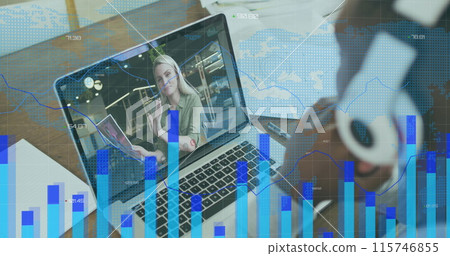 Image of financial data processing over diverse business people having image call Image of financial data processing over diverse business people having image call 115746855