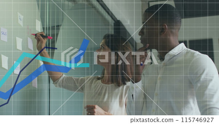 Image of financial data processing over diverse business people in office Image of financial data processing over diverse business people in office 115746927