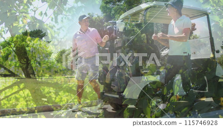 Image of trees over senior caucasian couple on golf course 115746928