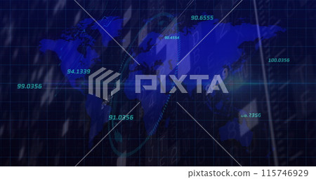 Image of world map and financial data processing over black background 115746929