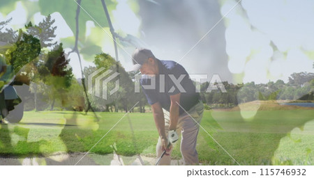 Image of trees over senior caucasian couple playing golf on golf course 115746932