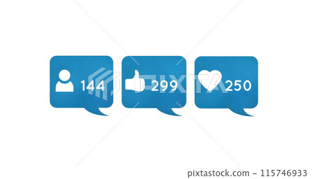 Digital image of  follower, like and heart icons and increasing numbers inside blue chat boxes on a 115746933