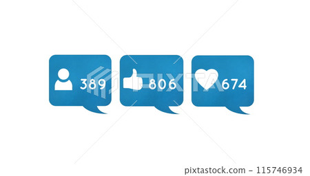 Digital image of  follower, like and heart icons and increasing numbers inside blue chat boxes on a 115746934