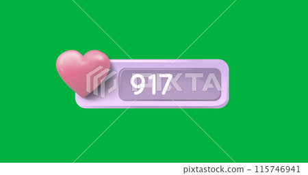 Digital image of a pink heart icon and numbers increasing inside a grey box on a green background 4k 115746941